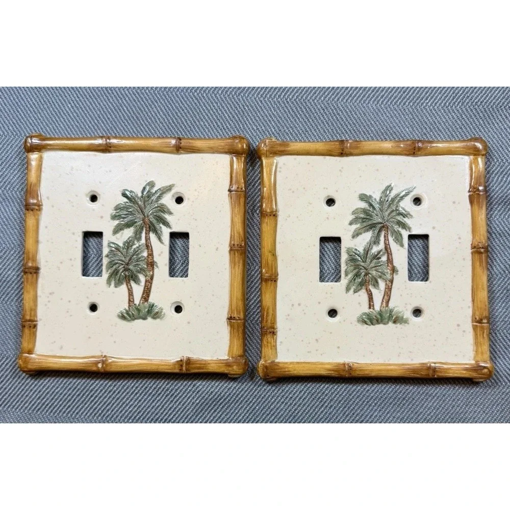 Raised Palm Tree & Bamboo Plates 4 Singles 2 Doubles 1 Outlet (Plastic)